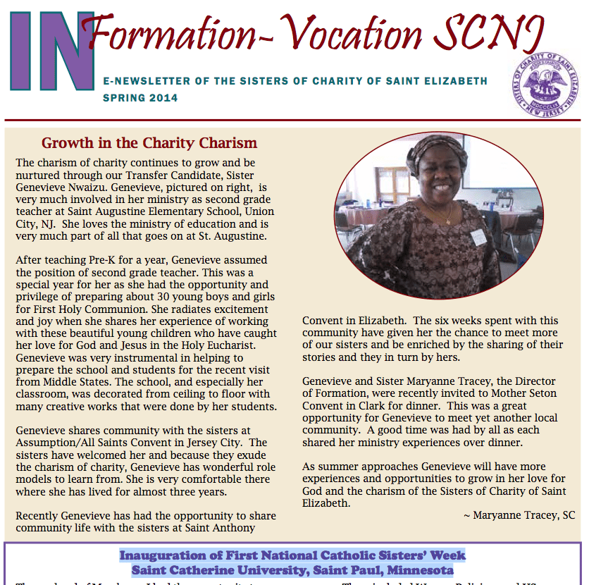 IN Formation Spring Newsletter of Sisters of Charity of St. Elizabeth