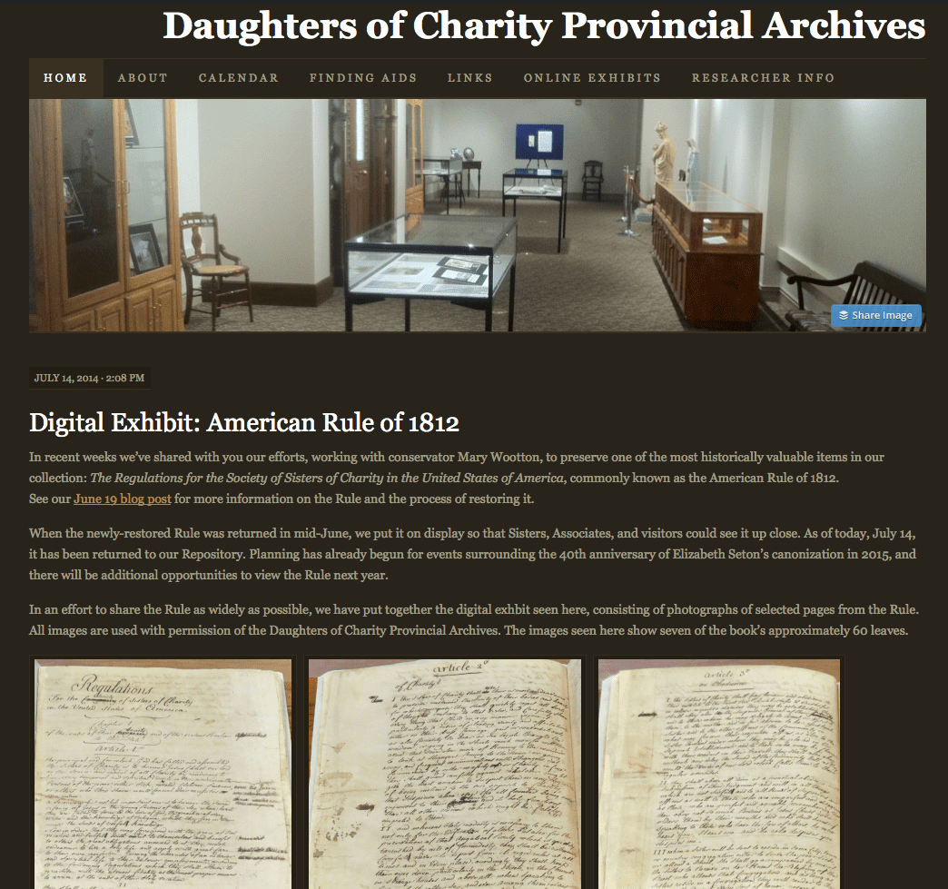 Digital Exhibit: Sisters of Charity American Rule of 1812