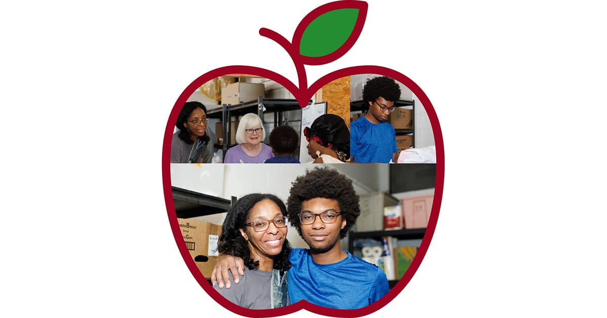 A Mother and Son Volunteer Together at the Food Pantry