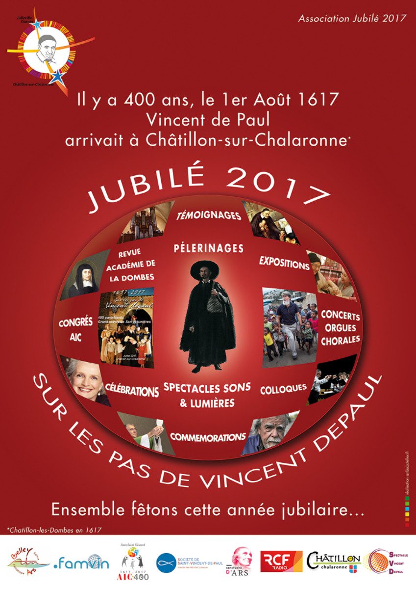 le dépliant, le calendrier des événements et l’affiche du Jubilé 2017 à Châtillon sur Chalaronne