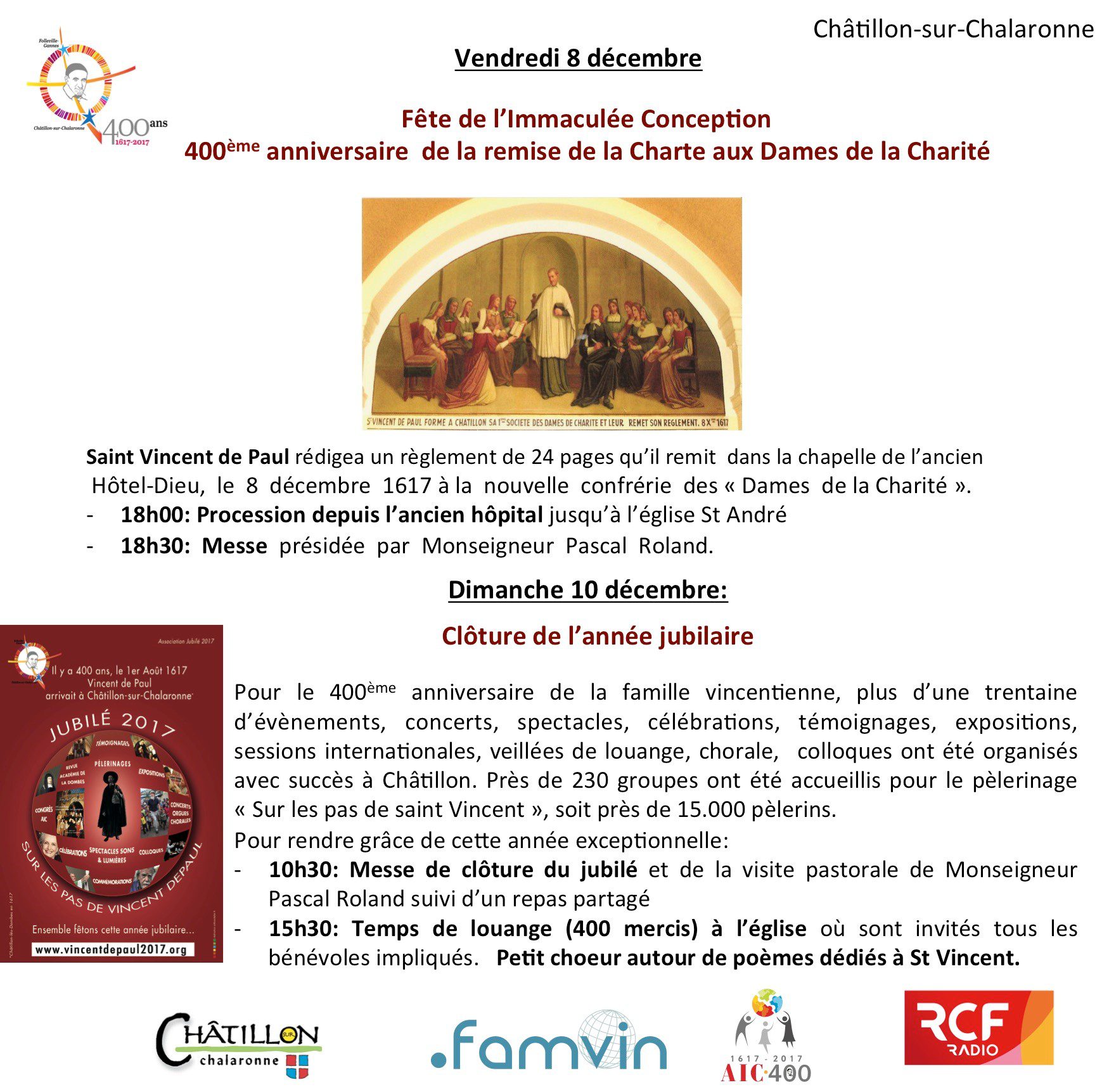 Clôture de l’année Jubilaire à Châtillon et anniversaire du 400ème anniversaire de la remise de la 2ème charte aux Dames de la Charité