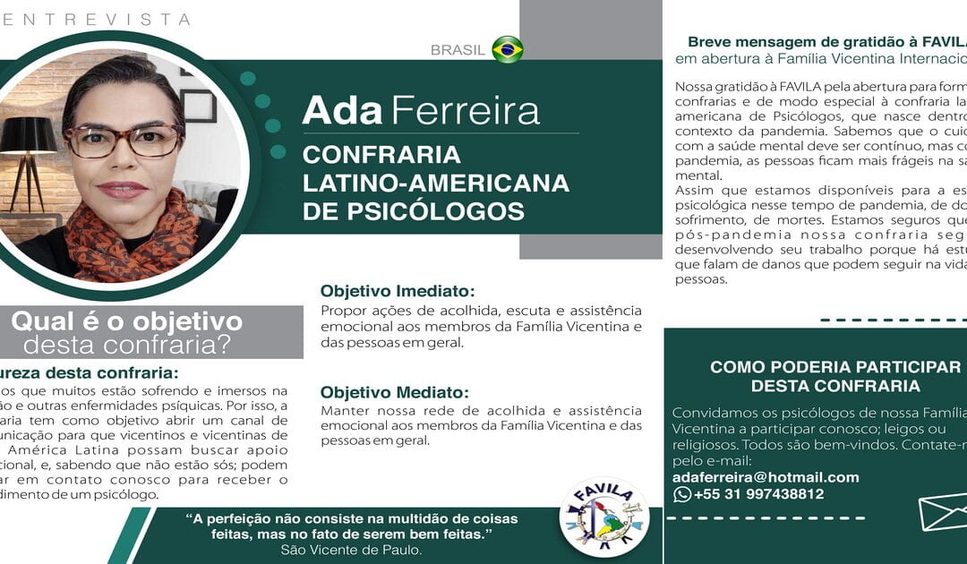 Entrevista com Ada Ferreira, coordenadora da Confraria de Psicólogos Vicentinos